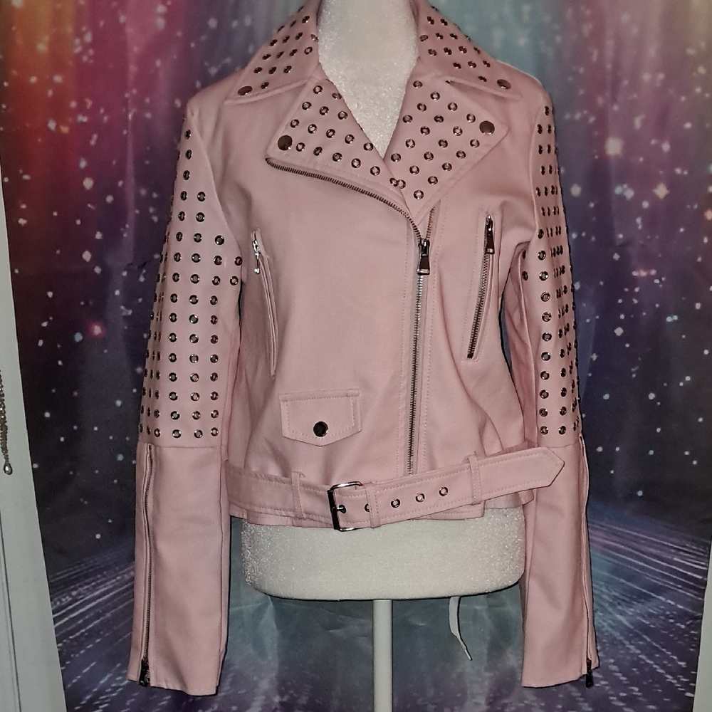 AKIRA Pink Leather Jacket with Studded Details